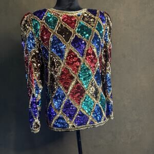 Vintage Black Tie Silk Sequin Top Stunning Condition Size Small Vintage 80's